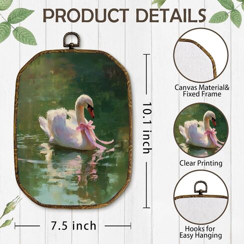 Yjeslw Vintage Swan Octagon Wall Art Decor, Rustic Farmhouse Antique Romantic Swan Framed Canvas Prints, Cottagecore Wall Hanging Decorations for Home Bedroom Living Room Decor, 10.2x7 Inches in Saudi Arabia