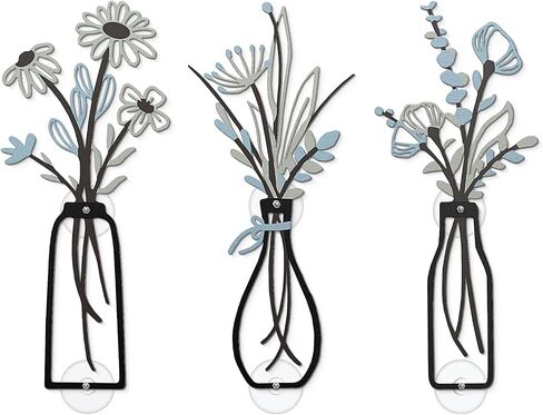 ZHIWUJIA 3 Pieces Metal Flower Wall Decor - Boho Floral Metal Wall Art Hanging Sculpture with Self-Adhesive Stickers for Bedroom Bathroom Living Room Dining Room, Rustic Farmhouse Home Decor, Perfect Housewarming Gift, Grey in Kuwait