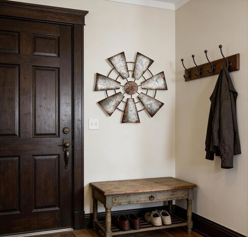HouseVibe Windmill Wall Sculpture Hanging Ornament Vintage Design Rustic Wall Decor Iron Art for Farmhouse Bedroom Indoor Outdoor 15 Inch- Round 7 Leaf in Saudi Arabia