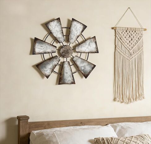 HouseVibe Windmill Wall Sculpture Hanging Ornament Vintage Design Rustic Wall Decor Iron Art for Farmhouse Bedroom Indoor Outdoor 15 Inch- Round 7 Leaf in Saudi Arabia