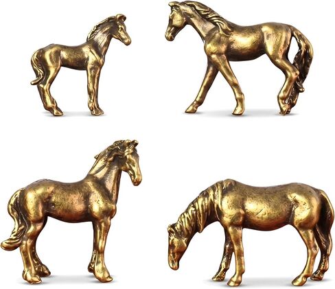 4Pcs Mini Gold Copper Alloy Horse Figurines, Tiny Brass Zodiac Micro-Carved Statues for Bonsai Landscaping, Fish Tank, Moss Pot, Desktop Feng Shui Ornaments for Home Office Room Decor in Kuwait