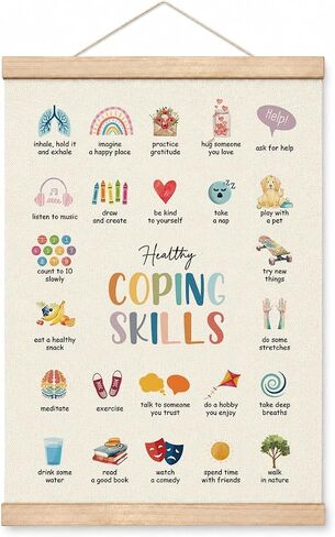 YGSDZY 54321 Grounding Technique Poster for Therapy Office & Classroom, Mental Health Wall Art with Wood Hanger, Anxiety Coping Skills Chart, School Counselor Decor for Students in Saudi Arabia