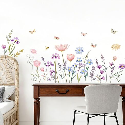 Flower Wall Decals Boho Wall Stickers - Wildflower Floral Dandelion Grass Baby Nursery Girls Bedroom Kids Room Wall Decor Peel and Stick in Kuwait