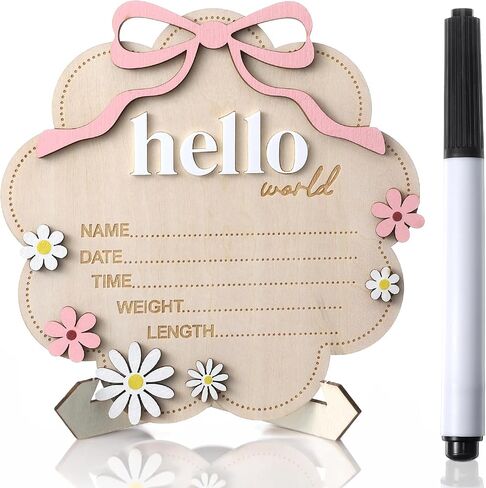 Wooden Hello World Newborn Welcome Sign,Baby Announcement Sign with Pink Bow, 3D Flowers Photo Prop, Name Date Time Weight Length Board, Baby Girl Nursery Photo Prop in Kuwait