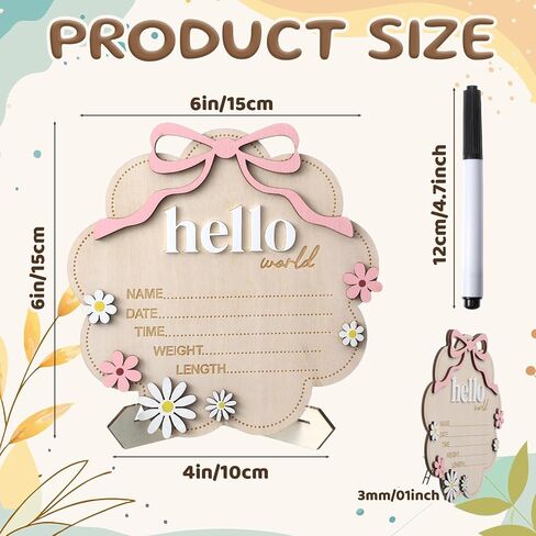 Wooden Hello World Newborn Welcome Sign,Baby Announcement Sign with Pink Bow, 3D Flowers Photo Prop, Name Date Time Weight Length Board, Baby Girl Nursery Photo Prop in Kuwait