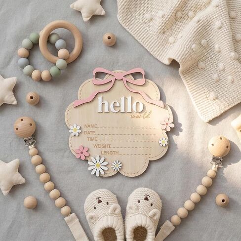 Wooden Hello World Newborn Welcome Sign,Baby Announcement Sign with Pink Bow, 3D Flowers Photo Prop, Name Date Time Weight Length Board, Baby Girl Nursery Photo Prop in Kuwait