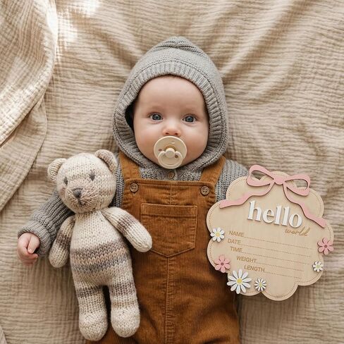 Wooden Hello World Newborn Welcome Sign,Baby Announcement Sign with Pink Bow, 3D Flowers Photo Prop, Name Date Time Weight Length Board, Baby Girl Nursery Photo Prop in Kuwait
