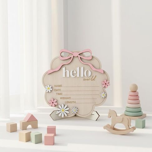 Wooden Hello World Newborn Welcome Sign,Baby Announcement Sign with Pink Bow, 3D Flowers Photo Prop, Name Date Time Weight Length Board, Baby Girl Nursery Photo Prop in Kuwait