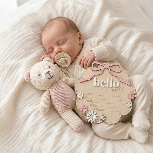 Wooden Hello World Newborn Welcome Sign,Baby Announcement Sign with Pink Bow, 3D Flowers Photo Prop, Name Date Time Weight Length Board, Baby Girl Nursery Photo Prop in Kuwait