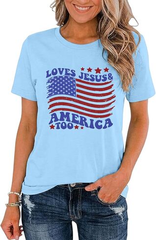 American Flag Shirts Women 4th of July Shirt Loves Jesus and America Too Tshirt Patriotic Short Sleeve Tops in Saudi Arabia
