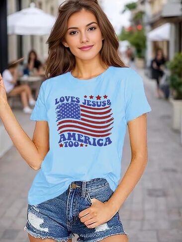 قمصان العلم الأمريكي للنساء قميص الرابع من يوليو يحب يسوع وأمريكا أيضًا تي شيرت وطني بأكمام قصيرة in Kuwait