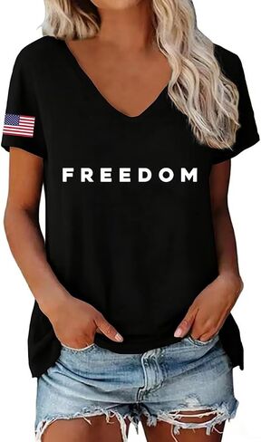 Freedom T Shirt for Women Funny 4th of July Patriotic Shirts Casual V Neck Letter Print Graphic Short Sleeve Tee Tops in Saudi Arabia