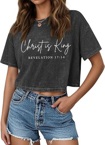 KIEKIECOO Womens Cropped Acid Wash Tshirt Vintage Christian Graphic Crop Tops Tees Oversized Christ is King Faith Gifts Shirt in Saudi Arabia