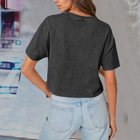KIEKIECOO Womens Cropped Acid Wash Tshirt Vintage Christian Graphic Crop Tops Tees Oversized Christ is King Faith Gifts Shirt in Saudi Arabia