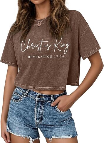 KIEKIECOO Womens Cropped Acid Wash Tshirt Vintage Christian Graphic Crop Tops Tees Oversized Christ is King Faith Gifts Shirt in Saudi Arabia