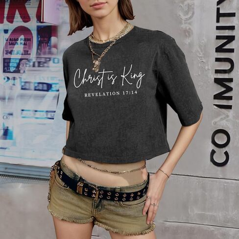 KIEKIECOO Womens Cropped Acid Wash Tshirt Vintage Christian Graphic Crop Tops Tees Oversized Christ is King Faith Gifts Shirt in Saudi Arabia