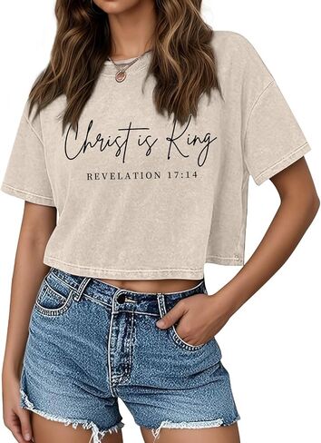 KIEKIECOO Womens Cropped Acid Wash Tshirt Vintage Christian Graphic Crop Tops Tees Oversized Christ is King Faith Gifts Shirt in Saudi Arabia