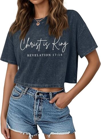 KIEKIECOO Womens Cropped Acid Wash Tshirt Vintage Christian Graphic Crop Tops Tees Oversized Christ is King Faith Gifts Shirt in Saudi Arabia