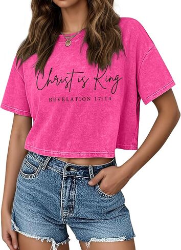 KIEKIECOO Womens Cropped Acid Wash Tshirt Vintage Christian Graphic Crop Tops Tees Oversized Christ is King Faith Gifts Shirt in Saudi Arabia