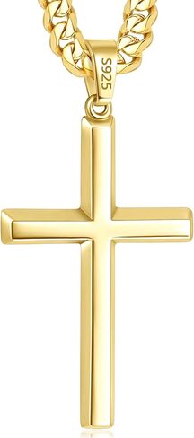 Jewlpire 925 Sterling Silver Cross Necklace for Men, 18k Gold Plated Sterling Silver Cross Necklace with 4mm Stainless Steel Cuban Link Chain for Men, Mens Necklace 16 18 20 22 24 26 Inch in Kuwait