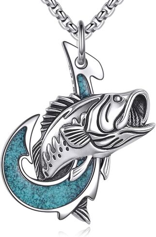 Sterling Silver Bass Fish Necklace Turquoise Fish Hook Pendant Jewelry Gift for Men in Saudi Arabia