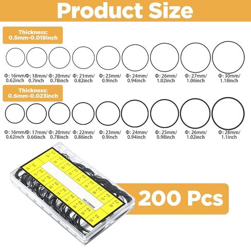 200Pcs O Ring Watch Gasket, 18 Sizes Rubber Seal O Rings Watch Back Seals, 0.5/0.6 16-30mm Waterproof Watches Back Gasket for Watches Repair Replacement in Kuwait