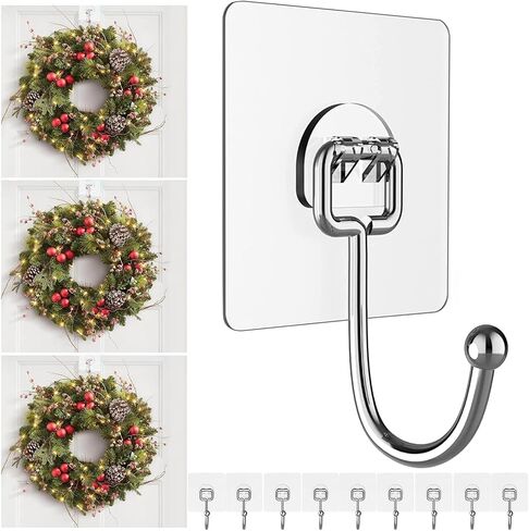 Big Wreath Hangers for Front Door,Large Clear Wreath-Door-Hanger-Easter-Christmas-Halloween-Decorations,60lb Over-The-Door-Hooks Glass Door,Adhesive Wall-Hooks for Hanging Wreath Home-Decor (10) (10) in Kuwait