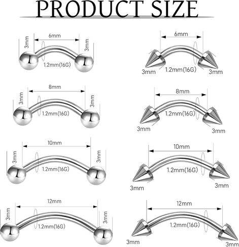 32 Pcs Eyebrow Piercing Jewelry Curved Barbell Piercing Rings Steel Vertical Labret Lip Jewelry Ear Helix Conch Daith Earrings Piercing Body Jewelry For Women Men 6mm/8mm/10mm/12mm in Kuwait