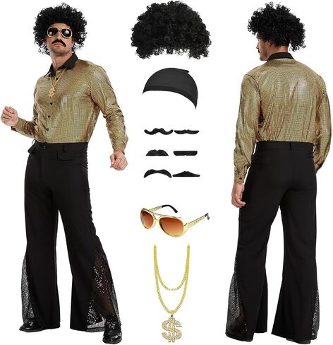 70s Disco Costume for Men 6 Pcs Shirt Bell-Bottom Pants Wigs Sunglasses Necklace Shirts for Disco Party in Saudi Arabia