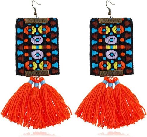 Boho Embroidered Tassel Earrings for Women, Ethnic Geometric Pattern Woven Drop Dangle Earrings, Colorful Bohemian Statement Jewelry for Festival, Vacation in Saudi Arabia