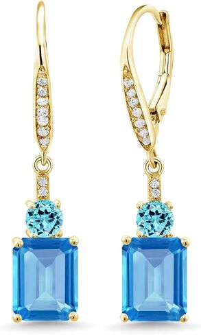 Gem Stone King 18K Yellow Gold Plated Silver Swiss Blue Topaz Dangle Earrings For Women (5.71 Cttw, Gemstone November Birthstone, Emerald Cut 9X7MM) in Saudi Arabia