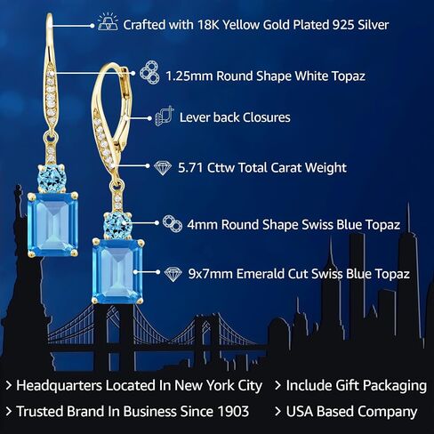 Gem Stone King 18K Yellow Gold Plated Silver Swiss Blue Topaz Dangle Earrings For Women (5.71 Cttw, Gemstone November Birthstone, Emerald Cut 9X7MM) in Saudi Arabia