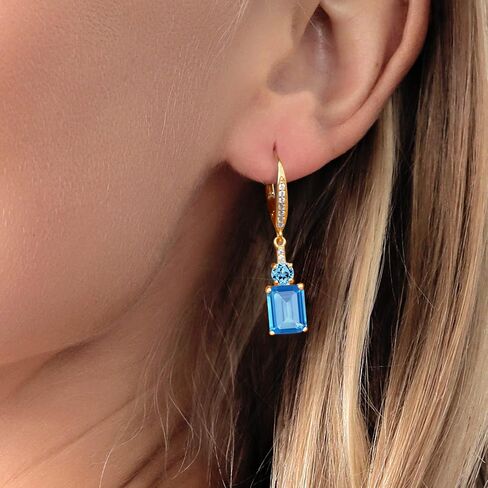 Gem Stone King 18K Yellow Gold Plated Silver Swiss Blue Topaz Dangle Earrings For Women (5.71 Cttw, Gemstone November Birthstone, Emerald Cut 9X7MM) in Saudi Arabia