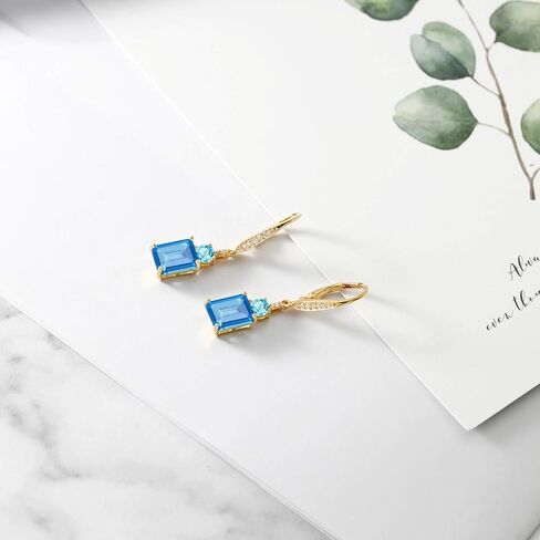 Gem Stone King 18K Yellow Gold Plated Silver Swiss Blue Topaz Dangle Earrings For Women (5.71 Cttw, Gemstone November Birthstone, Emerald Cut 9X7MM) in Saudi Arabia