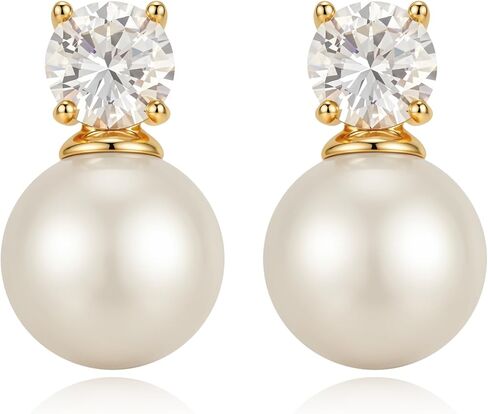 S925 Silver Pearl Stud Earrings for Women, 14K Gold Plated Hypoallergenic Pearl Drop Earrings, Classic Jewelry for Wedding & Daily Wear in Saudi Arabia