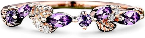 Marquise Amethyst Wedding Band, Solid 14K Rose Gold Moissanite Half Eternity Ring, Dainty Leaf Promise Ring, Purple Crystal Band, Statement Gift for Women in Kuwait