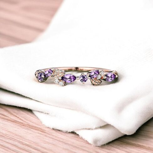 Marquise Amethyst Wedding Band, Solid 14K Rose Gold Moissanite Half Eternity Ring, Dainty Leaf Promise Ring, Purple Crystal Band, Statement Gift for Women in Kuwait