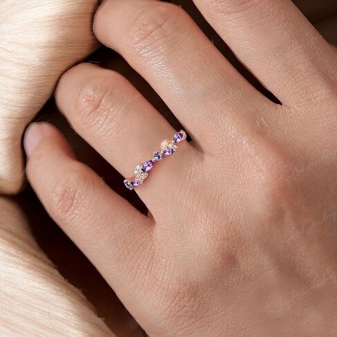 Marquise Amethyst Wedding Band, Solid 14K Rose Gold Moissanite Half Eternity Ring, Dainty Leaf Promise Ring, Purple Crystal Band, Statement Gift for Women in Kuwait