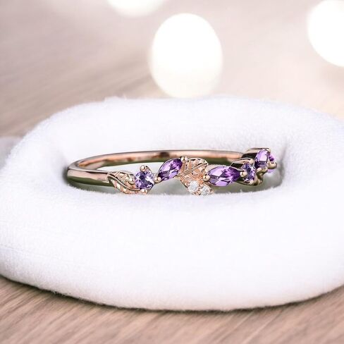 Marquise Amethyst Wedding Band, Solid 14K Rose Gold Moissanite Half Eternity Ring, Dainty Leaf Promise Ring, Purple Crystal Band, Statement Gift for Women in Kuwait