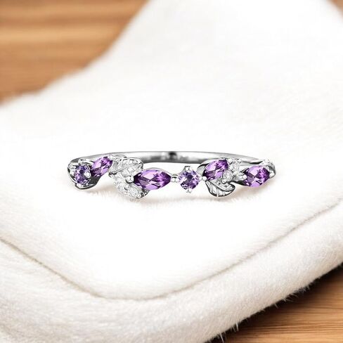 Marquise Amethyst Wedding Band, Solid 14K Rose Gold Moissanite Half Eternity Ring, Dainty Leaf Promise Ring, Purple Crystal Band, Statement Gift for Women in Kuwait