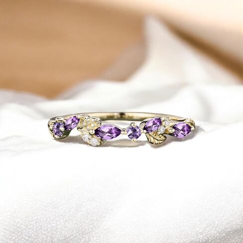 Marquise Amethyst Wedding Band, Solid 14K Rose Gold Moissanite Half Eternity Ring, Dainty Leaf Promise Ring, Purple Crystal Band, Statement Gift for Women in Kuwait
