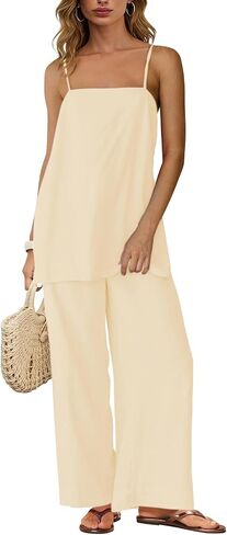 Dokuritu Linen Sets for Women 2 Piece Summer Spaghetti Strap Top Wide Leg Pant Set Beach Vacation Travel Outfits with Pockets in Saudi Arabia