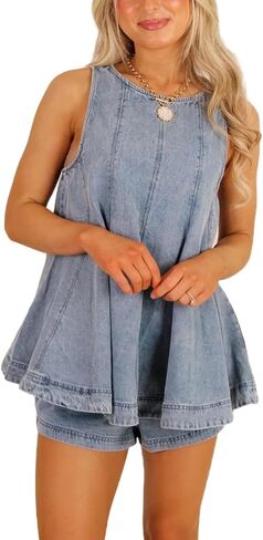 REASERAL Women's Casual Denim Sleeveless Flared Tank Top and High Waisted Shorts Two Piece Outfit Set in Kuwait