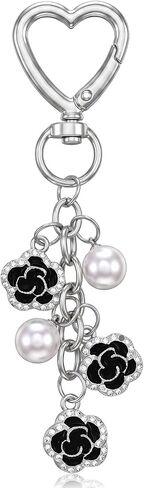 1 Pcs Heart Pearl Flower Keychain, Silver and Black Purse Charms | Y2K Bag Charm For Purses, Wallets, Backpacks in Saudi Arabia