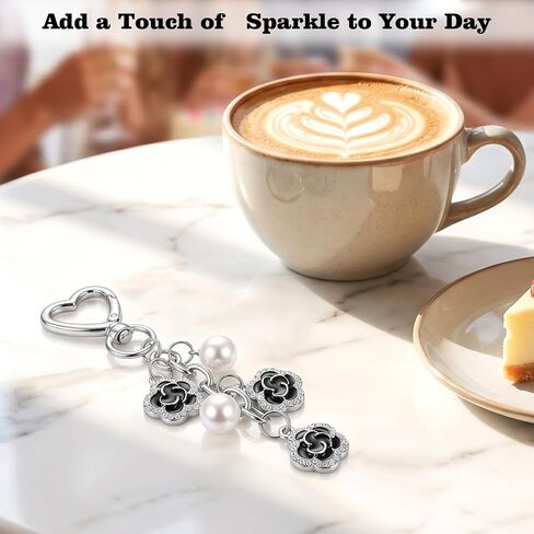 1 Pcs Heart Pearl Flower Keychain, Silver and Black Purse Charms | Y2K Bag Charm For Purses, Wallets, Backpacks in Saudi Arabia