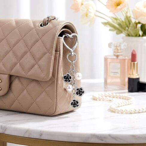 1 Pcs Heart Pearl Flower Keychain, Silver and Black Purse Charms | Y2K Bag Charm For Purses, Wallets, Backpacks in Saudi Arabia