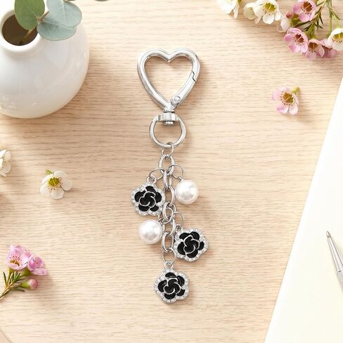 1 Pcs Heart Pearl Flower Keychain, Silver and Black Purse Charms | Y2K Bag Charm For Purses, Wallets, Backpacks in Saudi Arabia