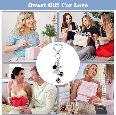 1 Pcs Heart Pearl Flower Keychain, Silver and Black Purse Charms | Y2K Bag Charm For Purses, Wallets, Backpacks in Saudi Arabia