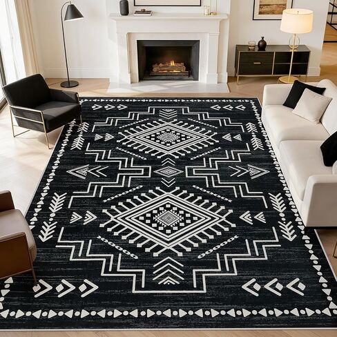 Joydeco Moroccan Black 8x10 Area Rugs for Living Room, Non-Slip Western Large Bedroom Dining Room Rug, Throw Stain Resistant Geometric Aztec Print Modern Soft Carpet for Playroom Office in Saudi Arabia
