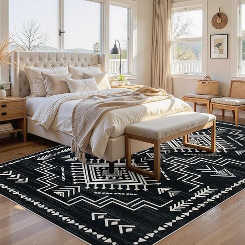 Joydeco Moroccan Black 8x10 Area Rugs for Living Room, Non-Slip Western Large Bedroom Dining Room Rug, Throw Stain Resistant Geometric Aztec Print Modern Soft Carpet for Playroom Office in Saudi Arabia